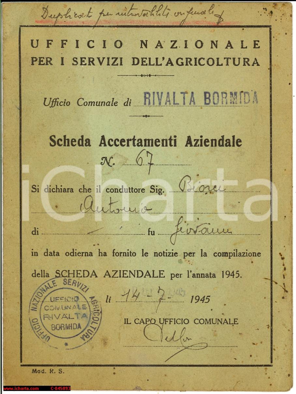 Oggetto da collezione cartaceo 1945 RIVALTA BORMIDA (AL) Azienda agricola BIORCI 1