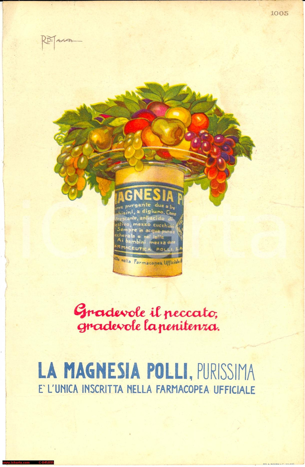 Materiale pubblicitario d’epoca 1920 ca MAGNESIA POLLI ill. R. DI MASSA pubblicitÃ  1