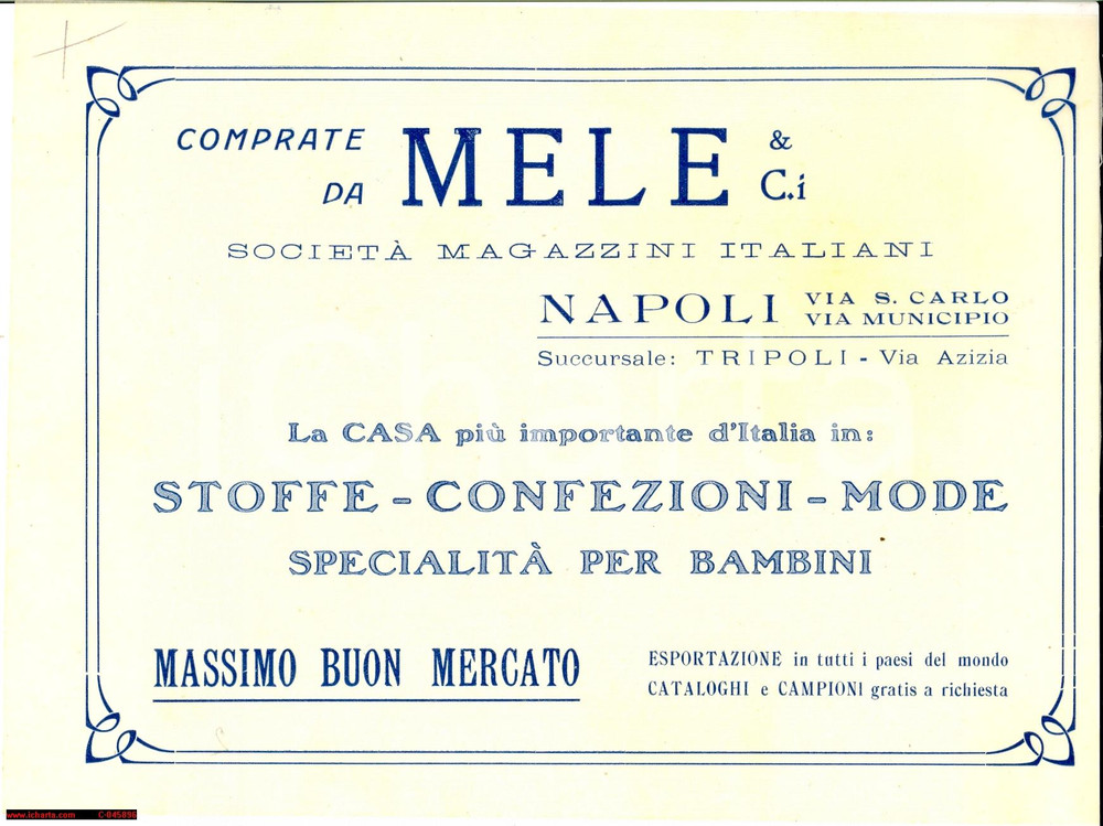 Materiale pubblicitario d’epoca 1920 ca NAPOLI PubblicitÃ  MAGAZZINI MELE stoffe e mode 1