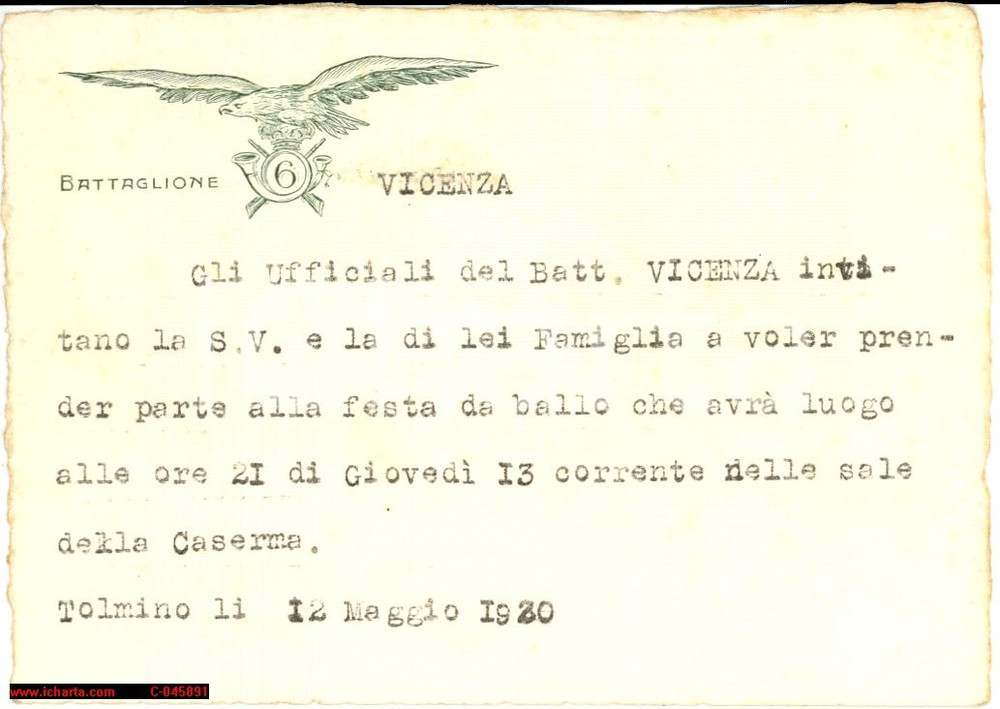 Oggetto da collezione cartaceo 1920 TOLMINO ISTRIA Festa da ballo BATTAGLIONE VICENZA 1