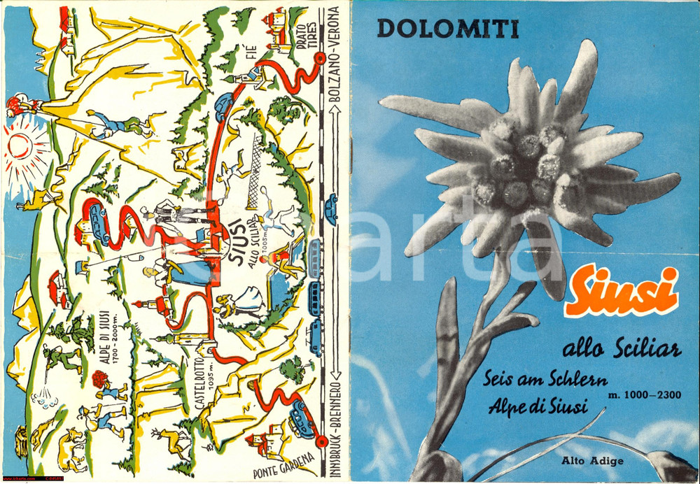 Materiale pubblicitario d’epoca 1950 ca SIUSI ALLO SCILIAR (BZ) Volantino Alpe di SIUSI 1