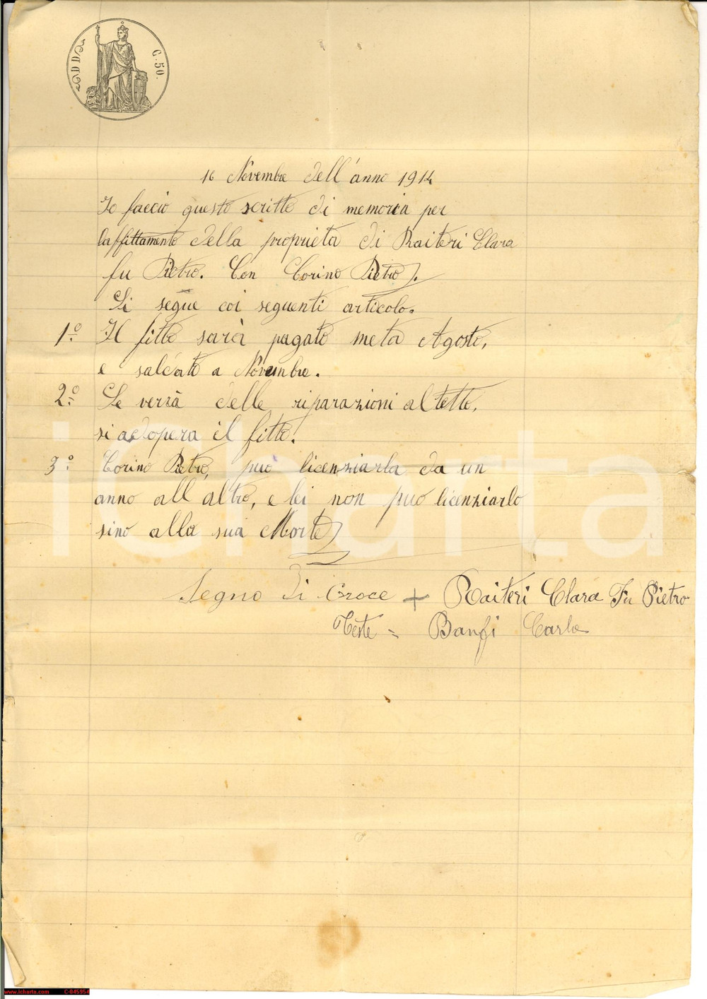 Documento originale, autentico 1914 CASALE MONF. AL Affitto proprietà Clara RAITERI 1