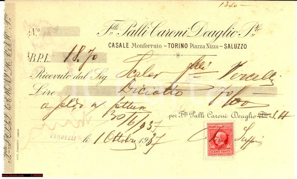 Documento originale, autentico 1937 CASALE MONF. (AL) Cementi PALLI CARONI DEAGLIO 1