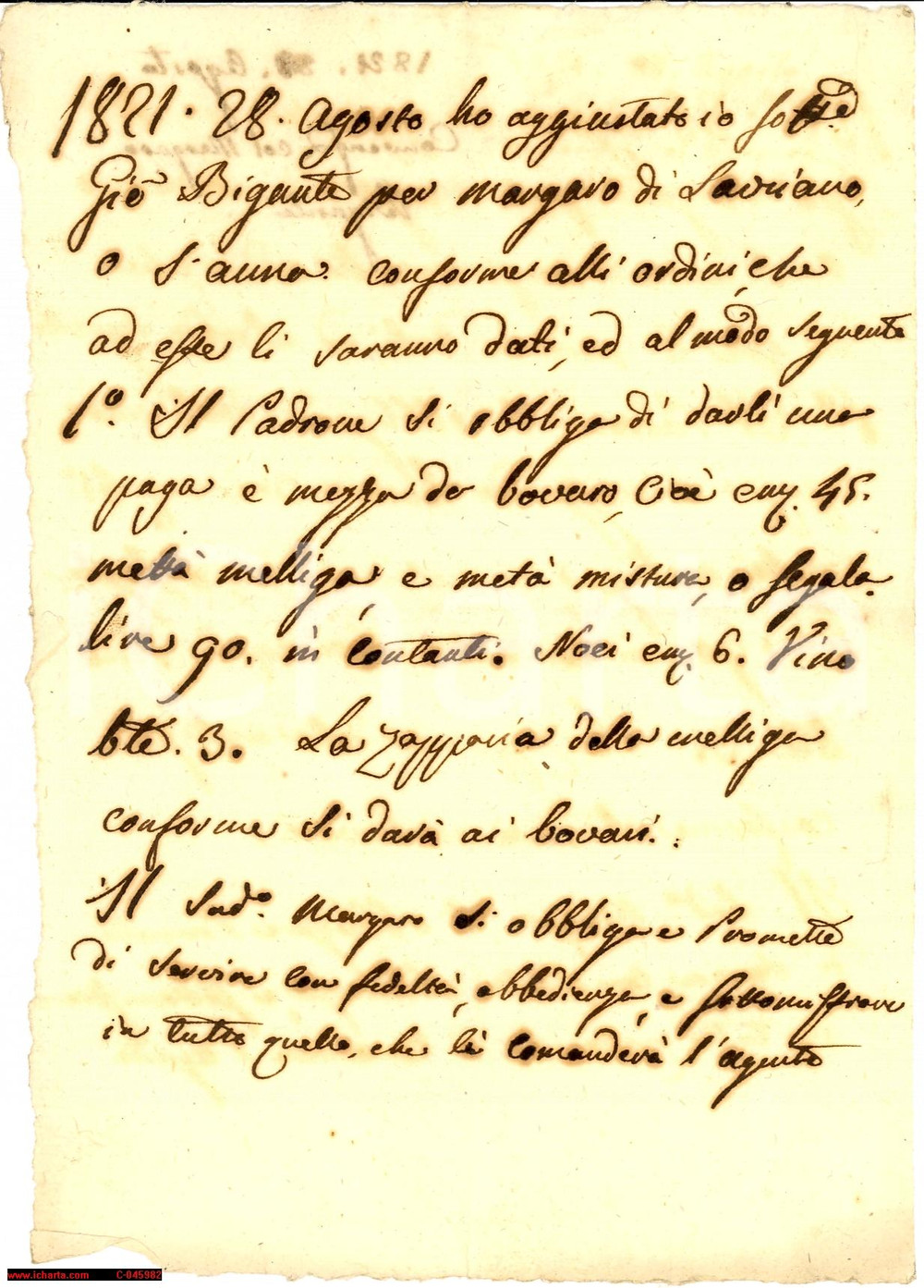 Documento originale, autentico 1821 LAURIANO (TO) Contratto margaro Giovanni BIGANTE 1