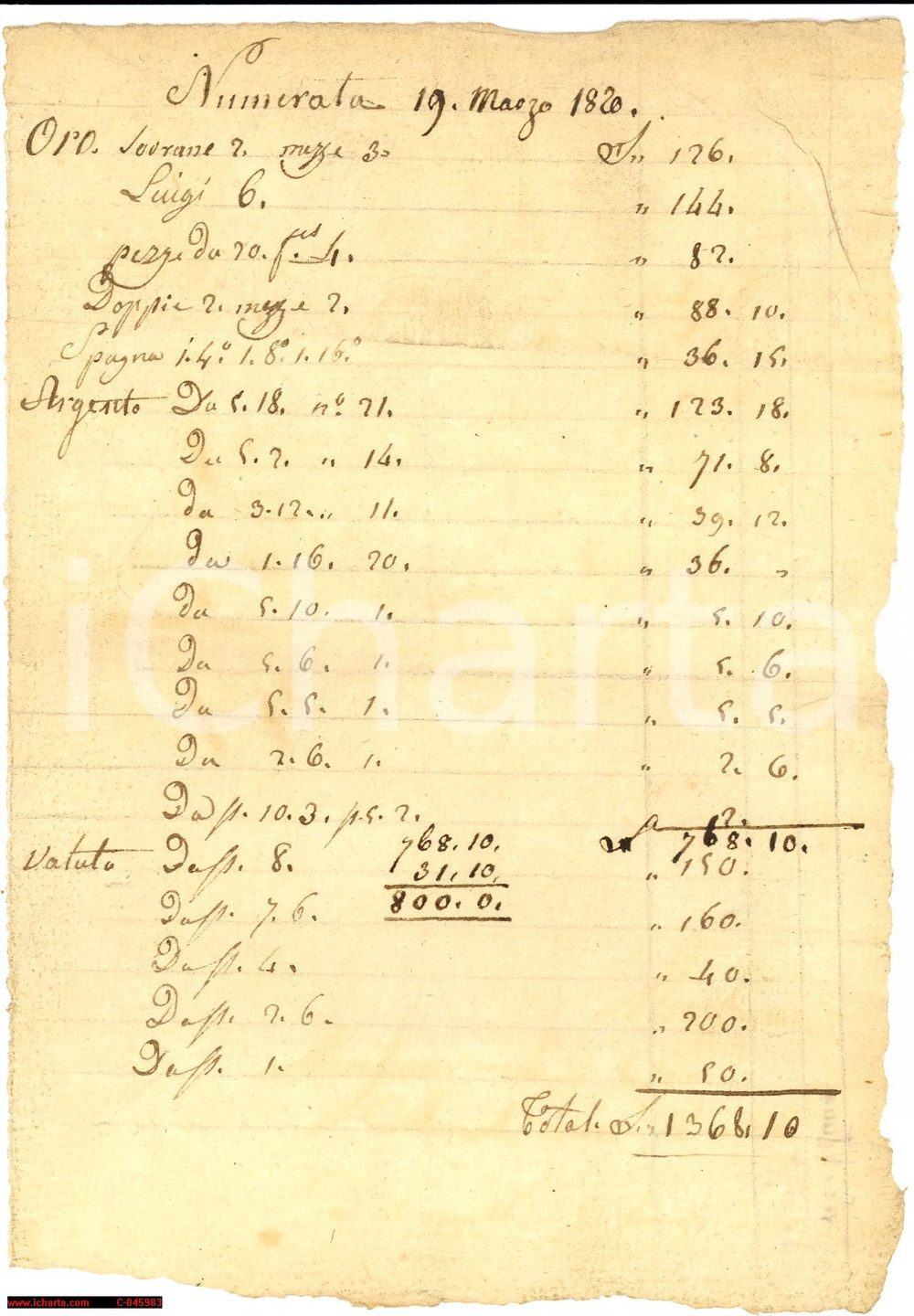 Documento originale, autentico 1820 TORINO (?) Trasporto monete d'oro e d'argento 1