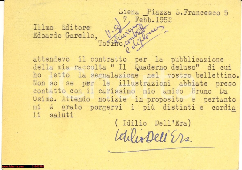 Autografo originale 1952 SIENA Idilio DELL'ERA Il Quaderno deluso Autografo 1