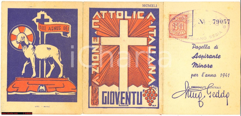 Oggetto da collezione cartaceo 1941 ROMAGNANO (NO) Azione Cattolica GioventÃ¹ tessera 1