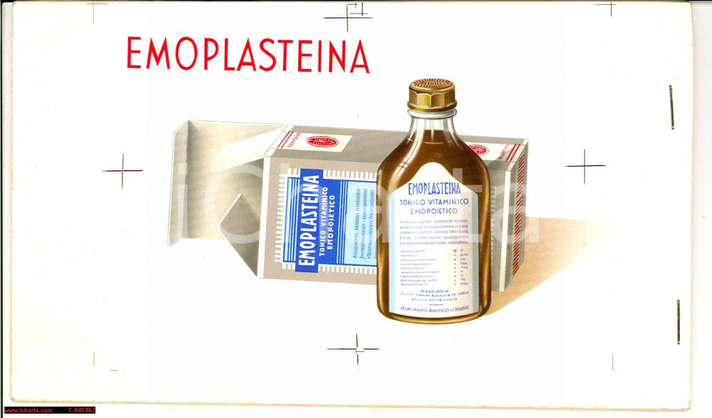 Materiale pubblicitario d’epoca 1960 ca Bozzetto e prove colore EMOPLASTEINA raro 1
