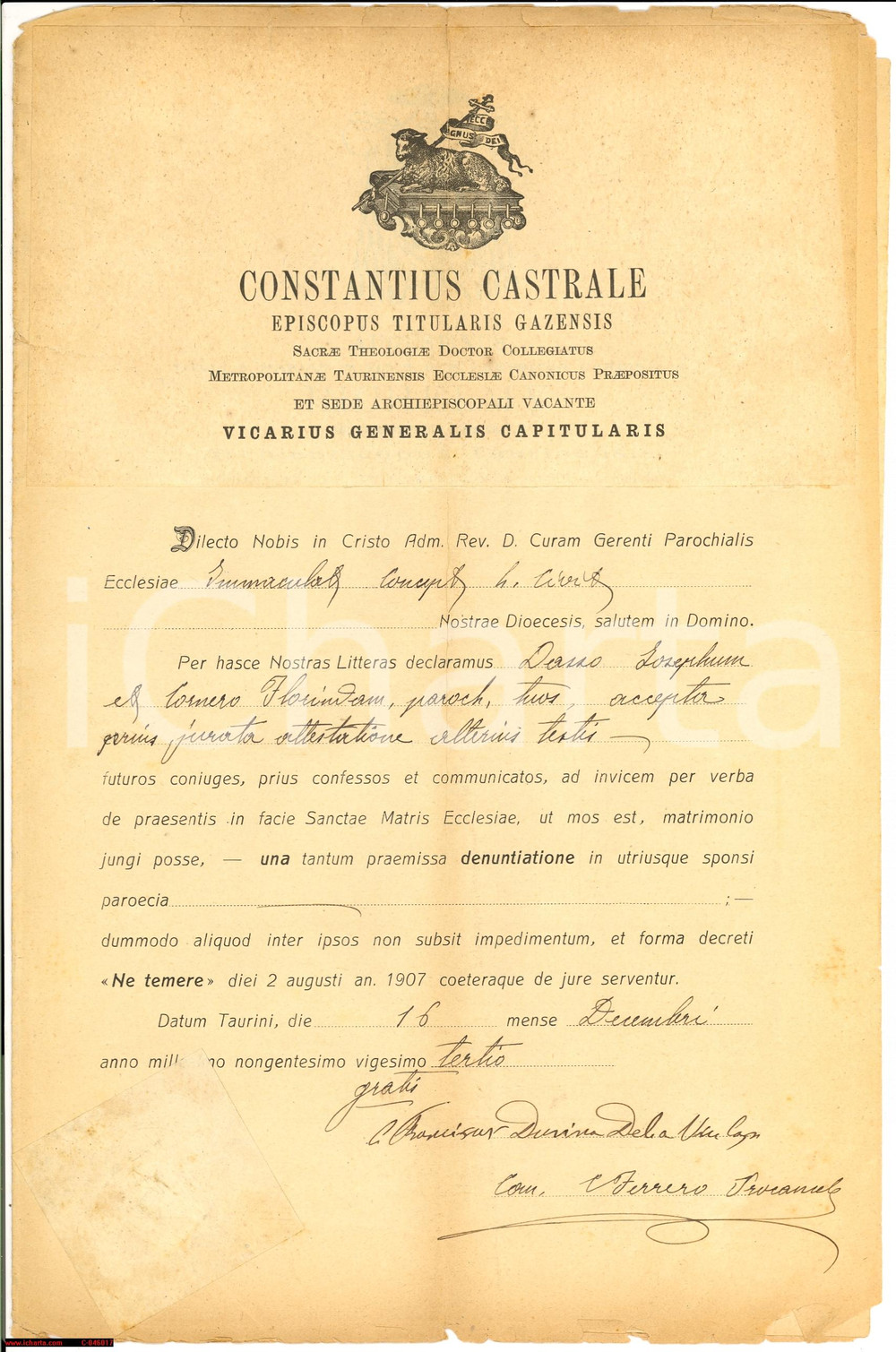Documento originale, autentico 1923 TORINO Nozze Giuseppe DASSO e Florinda CORNERO 1