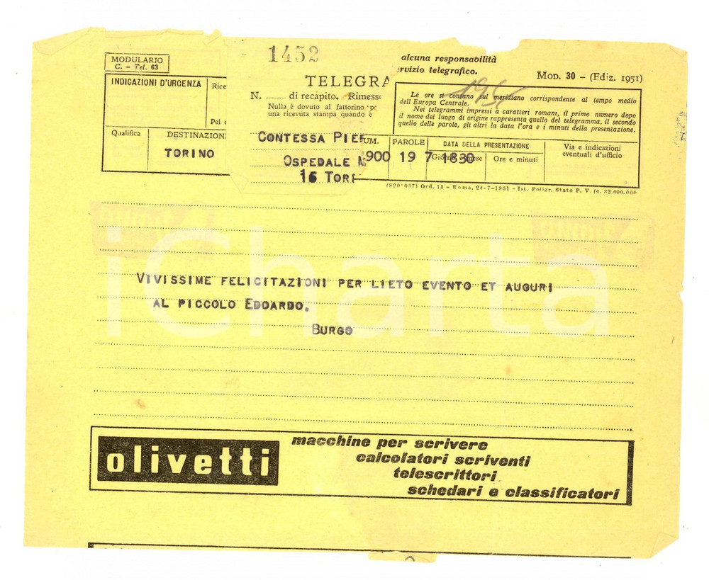 Documento originale, autentico 1951 TORINO Telegramma pubblicitario OLIVETTI *VINTAGE 1