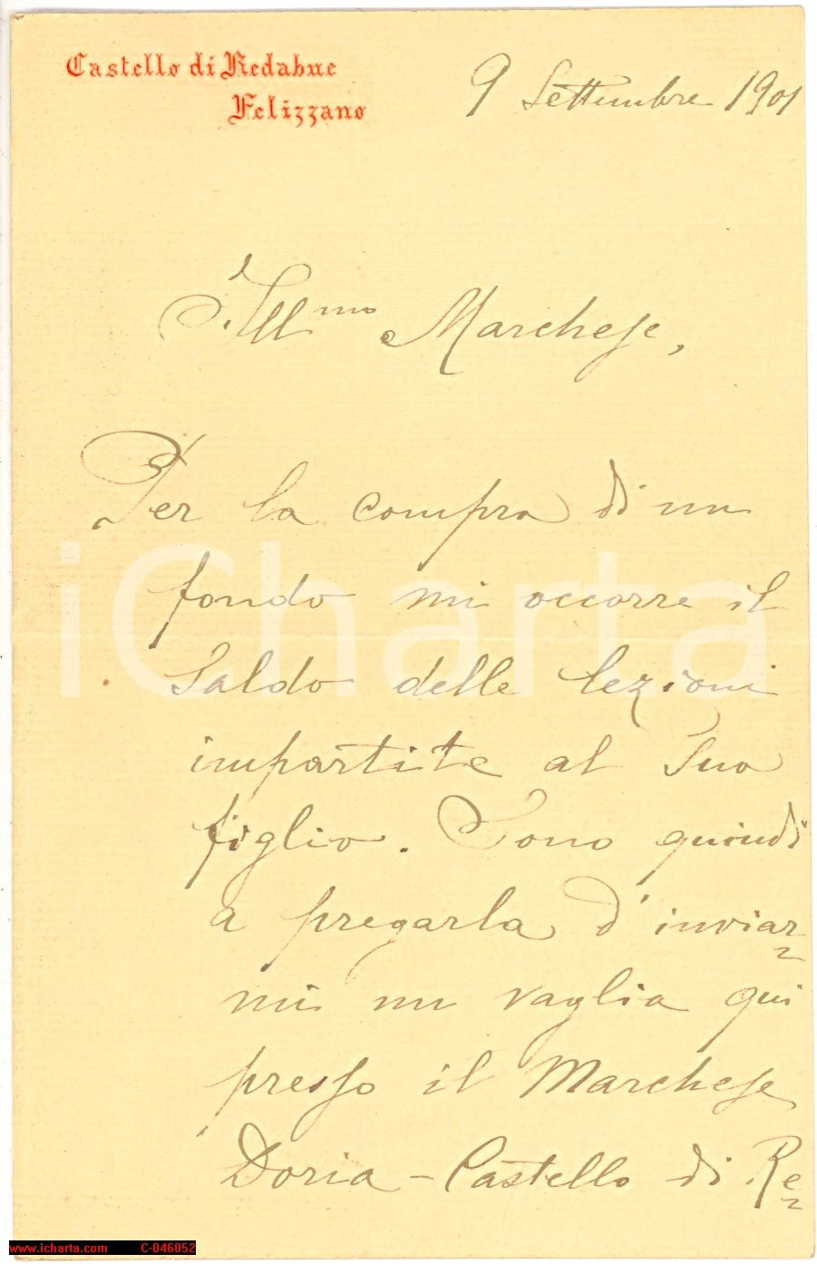 Manoscritto, lettera originale 1901 FELIZZANO AL Carlo FRATTINI precettore non pagato 1