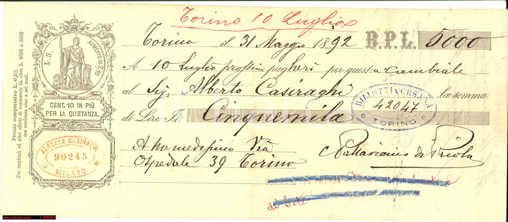 Autografo originale 1892 TORINO Cambiale Casimiro PALLAVICINI DI PRIOLA 1
