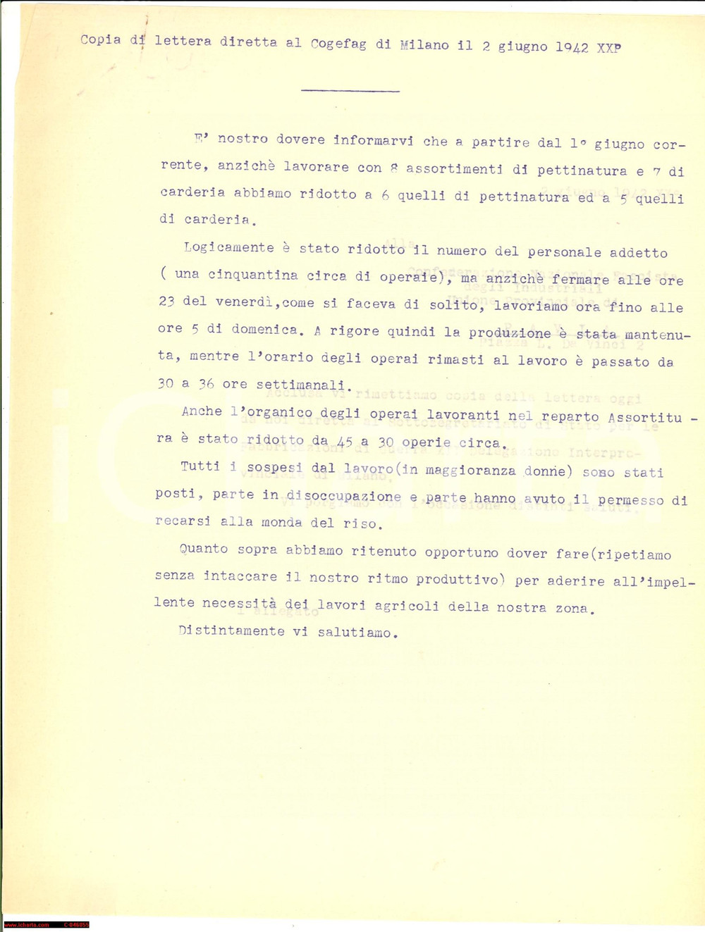 Documento originale, autentico 1942 COGEFAG MILANO Licenza a operai per monda del riso 1