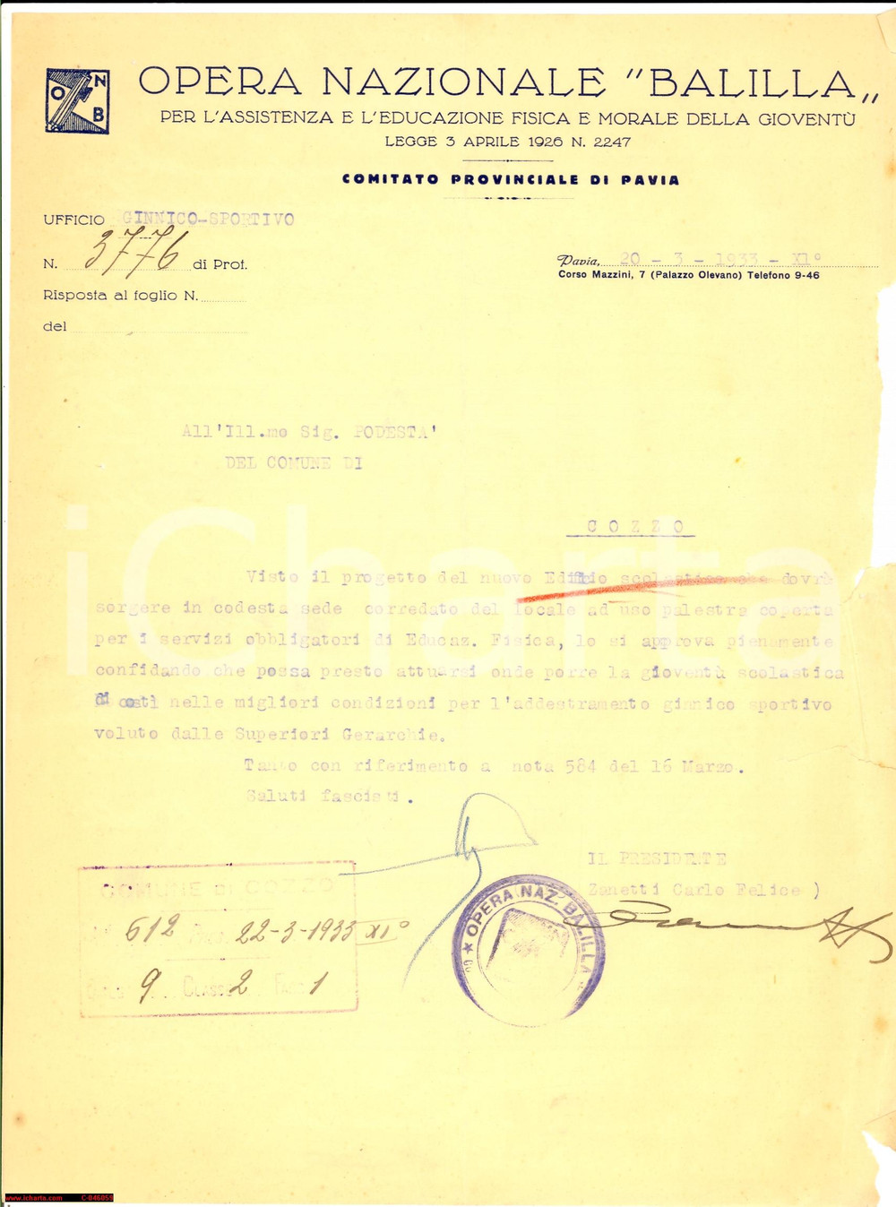 Documento originale, autentico 1933 ONB COZZO (PV) Nuova scuola con palestra coperta 1