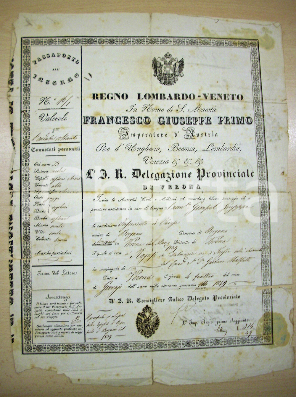 Documento originale, autentico 1849 VERONA REGNO LOMBARDO VENETO Lasciapassare Giuseppe GIMPEL per DALMAZIA 1