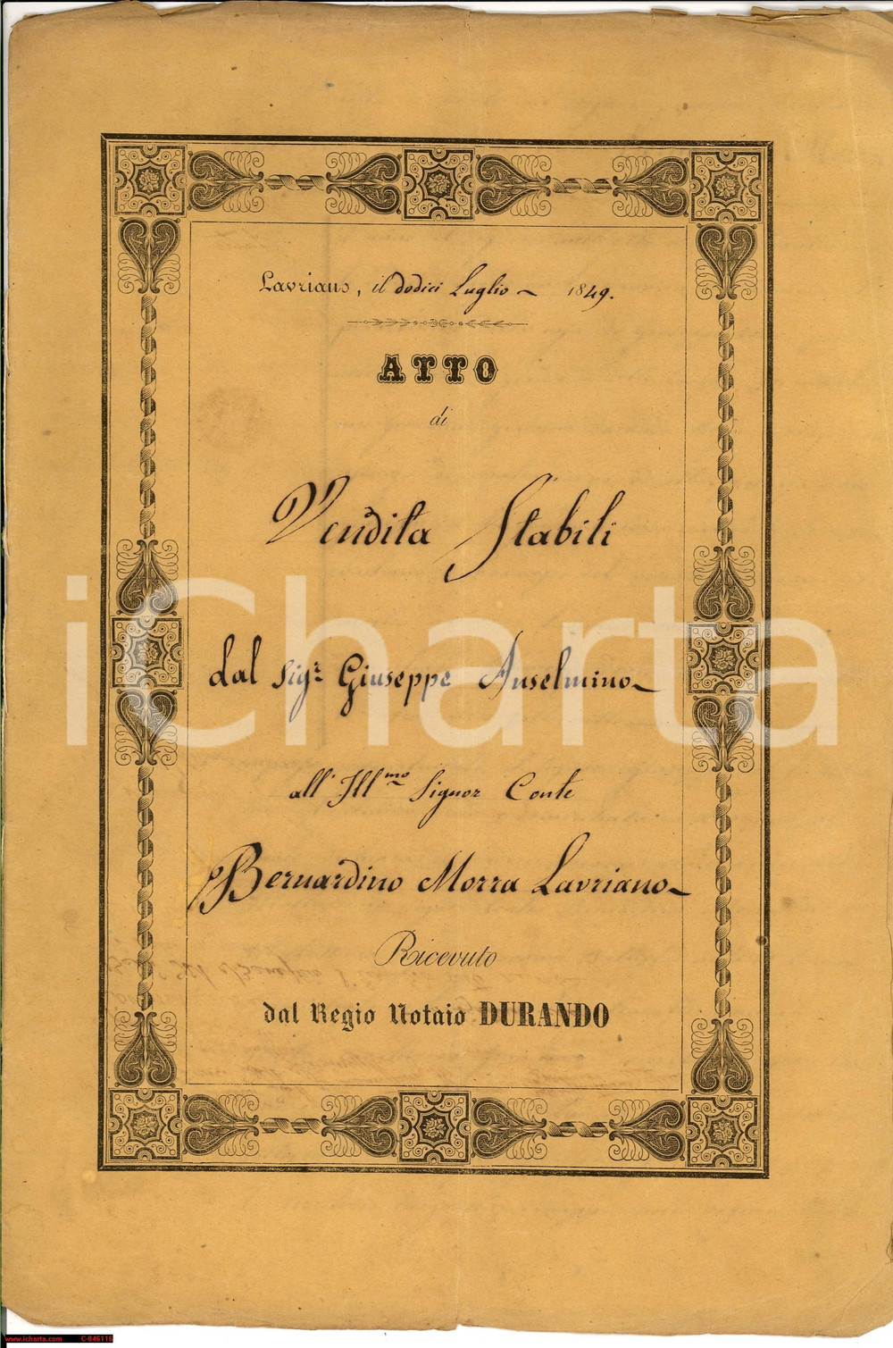 Documento originale, autentico 1849 LAURIANO TO Giuseppe ANSELMINO vende vigna VALLONE 1