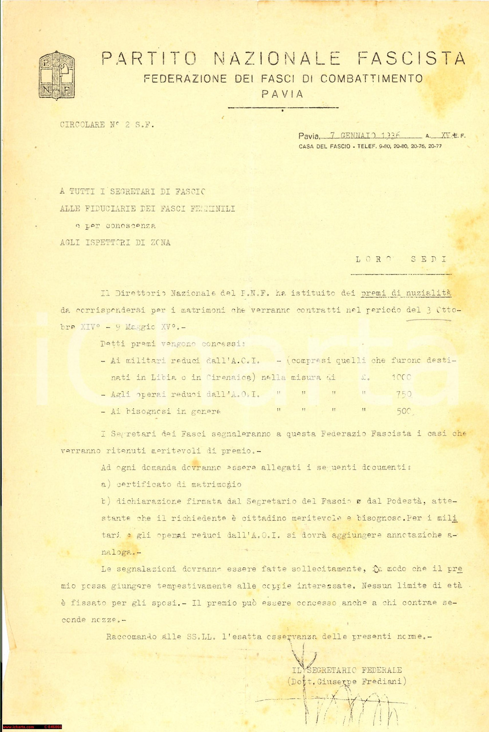 Documento originale, autentico 1936 PNF PAVIA Premi di nuzialitÃ  a reduci A.O.I. 1