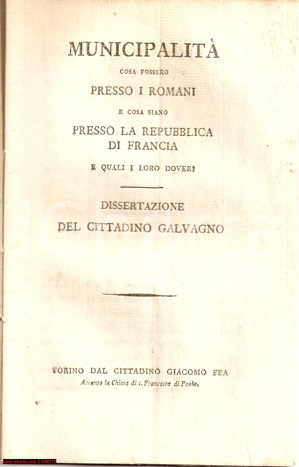 Oggetto da collezione cartaceo 1800 PIEMONTE RIVOLUZIONARIO Dissertazione del cittadino GALVAGNO Municipalità 1