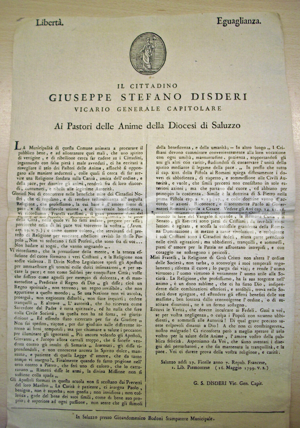Documento originale, autentico 1799 SALUZZO CN Giuseppe DISDERI Religione e Repubblica 1