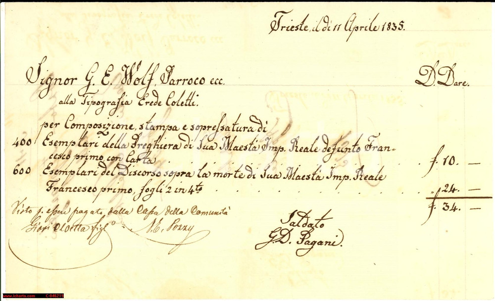 Documento originale, autentico 1835 TRIESTE Tipografia COLETTI conto delle stampe in morte di Francesco I 1