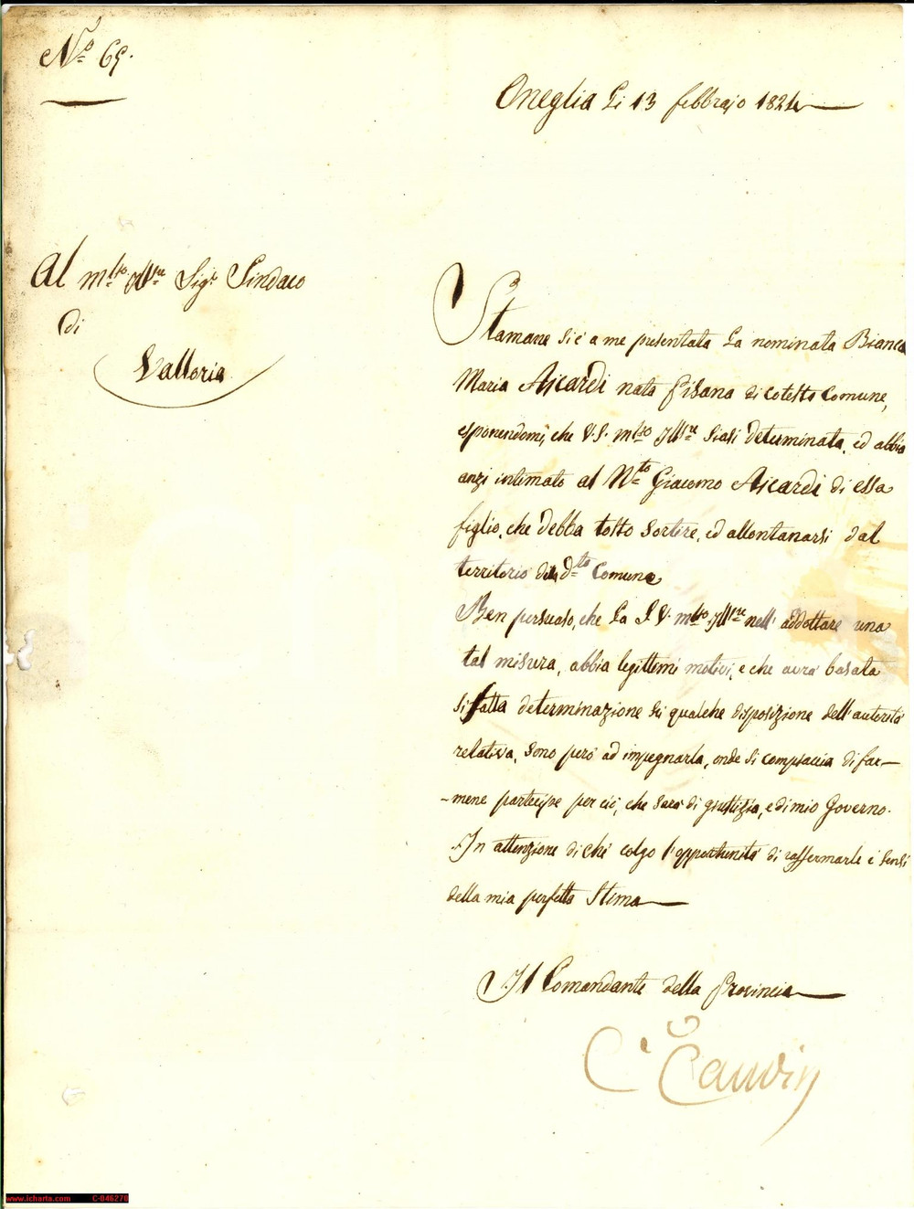 Manoscritto, lettera originale 1824 VALLORIA (IM) Bianca AICARDI pro figlio bandito 1