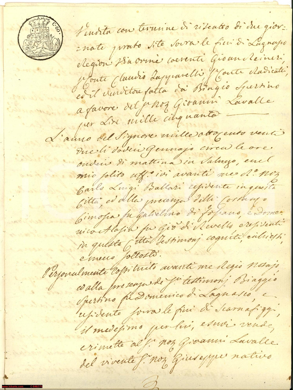 Documento originale, autentico 1822 LAGNASCO (CN) Biagio SPERTINO vende terra prativa 1
