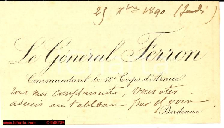 Autografo originale 1890 BORDEAUX Gen. ThÃ©ophile FERRON Carte autographe 1