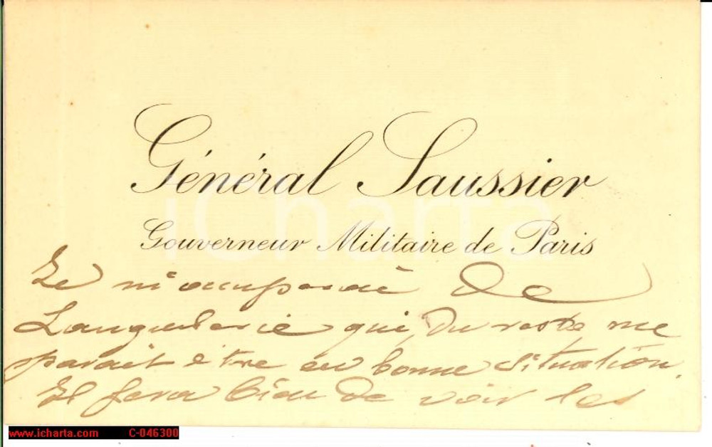 Autografo originale 1900 PARIS Gen. Felix-Gustave SAUSSIER Card AUTOGRAPH 1