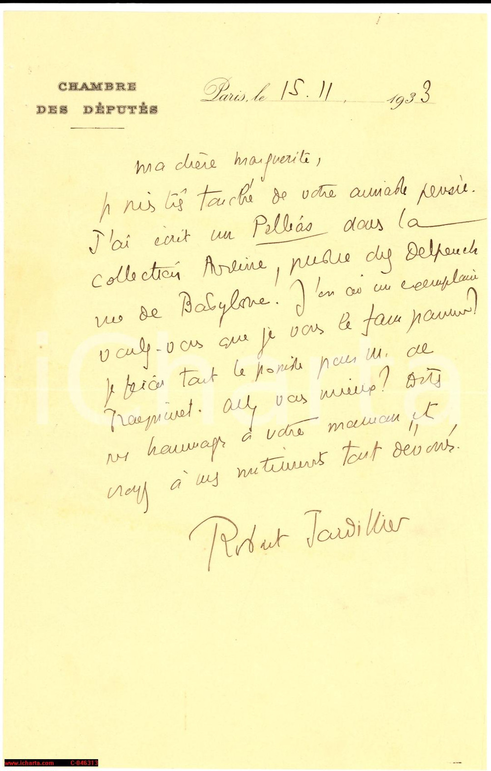 Autografo originale 1933 PARIGI On. Robert JARDILLIER commenta DEBUSSY Autografo 1
