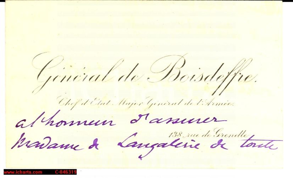 Autografo originale 1910 PARIGI Gen. Raoul de BOISDEFFRE Card AUTOGRAPH 1