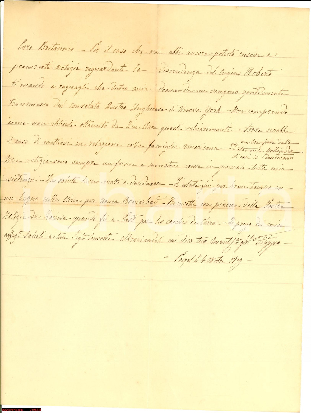 Manoscritto, lettera originale 1899 PECS (Hungary) Ricerca genealogica Filippo ASINARI 1