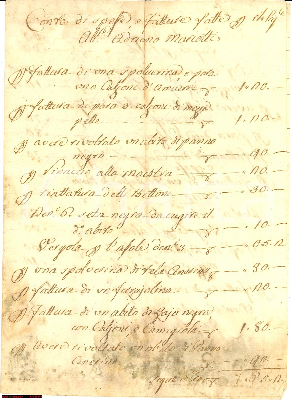 Documento originale, autentico 1790 ca FIRENZE Ferrajolino per abate Adriano MARIOTTI 1