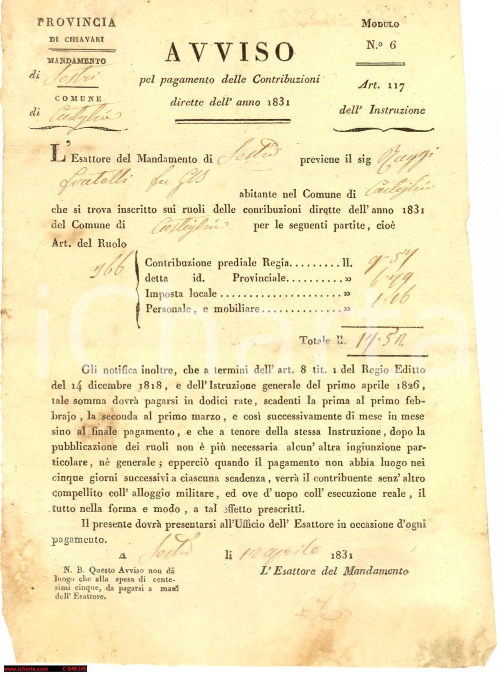 Documento originale, autentico 1831 CASTIGLIONE CHIAVARESE (GE) Terre fratelli RUGGI 1