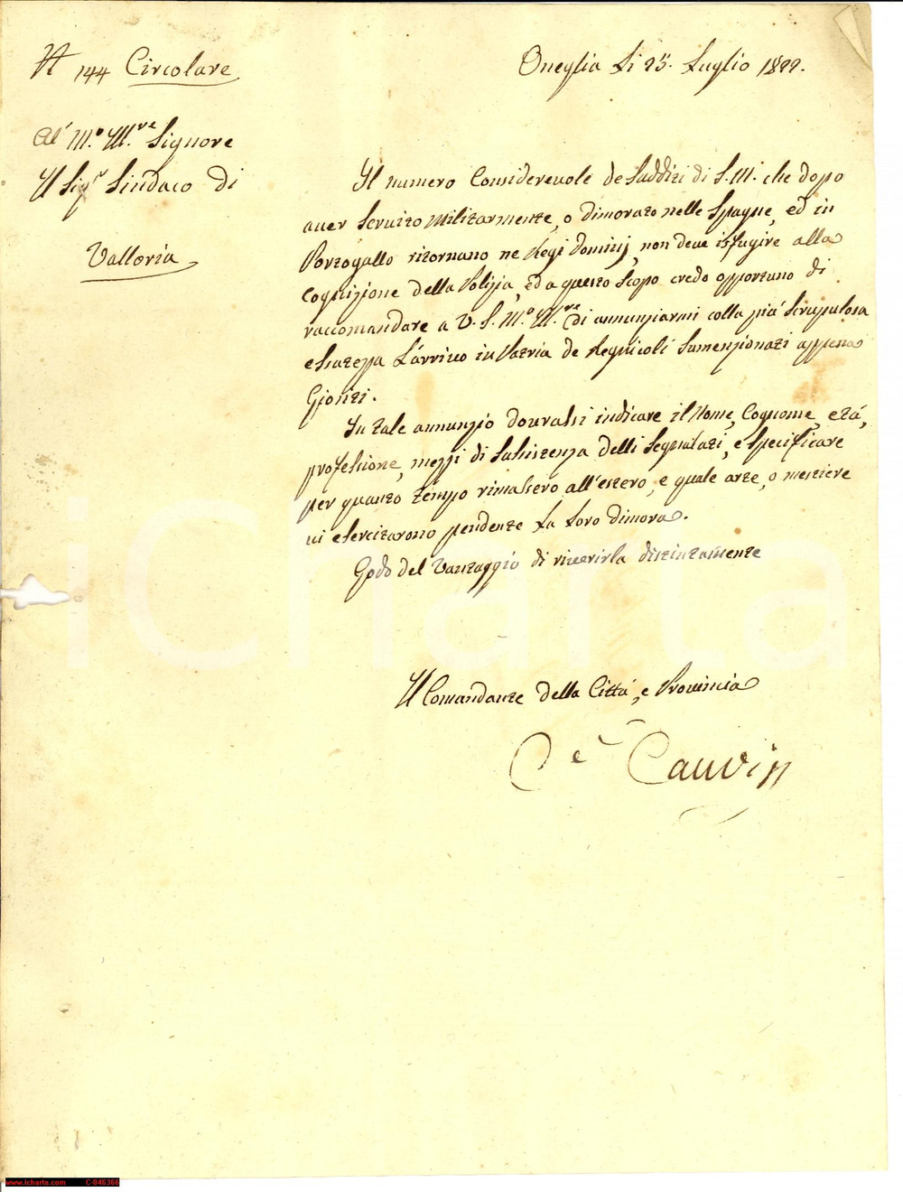 Manoscritto, lettera originale 1822 ONEGLIA Sudditi rientrati da Spagna e Portogallo 1