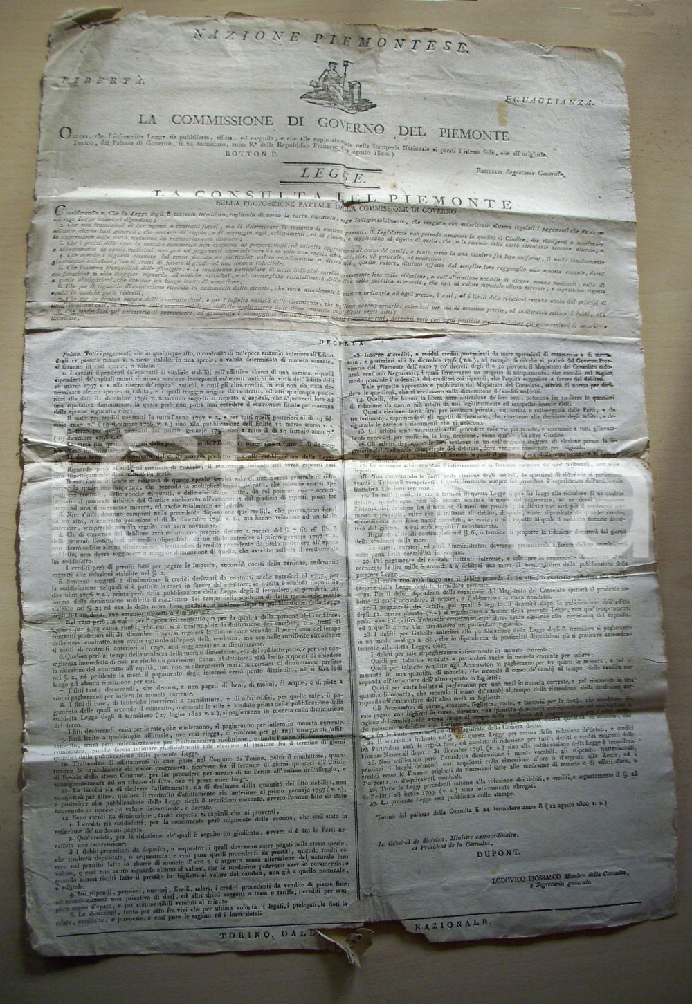 Documento originale, autentico 1800 TORINO Pagamenti in moneta Repubblica SUBALPINA 1