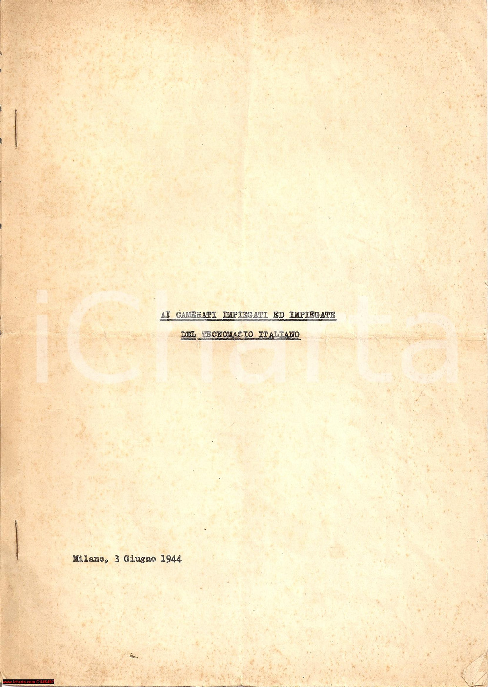 Documento originale, autentico 1944 MILANO RSI Difesa Repubblica di SALO' TECNOMASIO 1