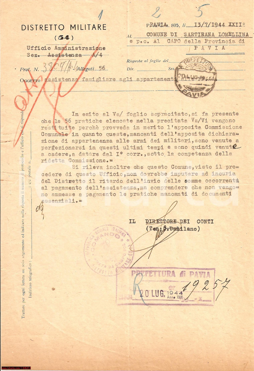 Documento originale, autentico 1944 RSI SARTIRANA LOMELLINA Assistenza Forze Armate 1