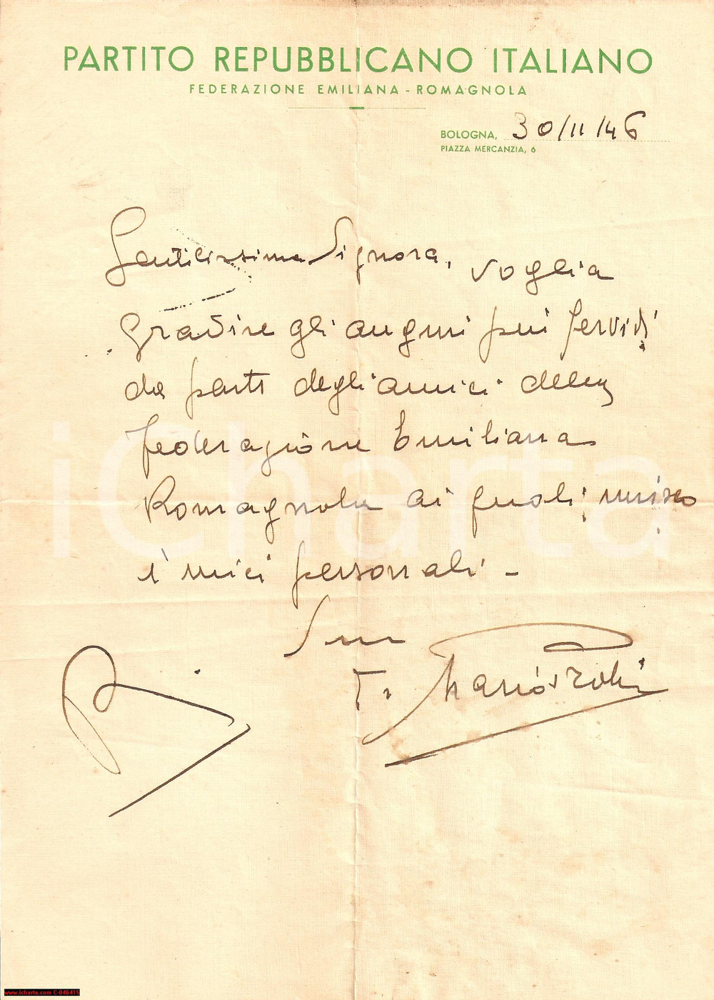 Manoscritto, lettera originale 1946 BOLOGNA Auguri dal Partito Repubblicano Italiano Autografo Mario Piroli 1