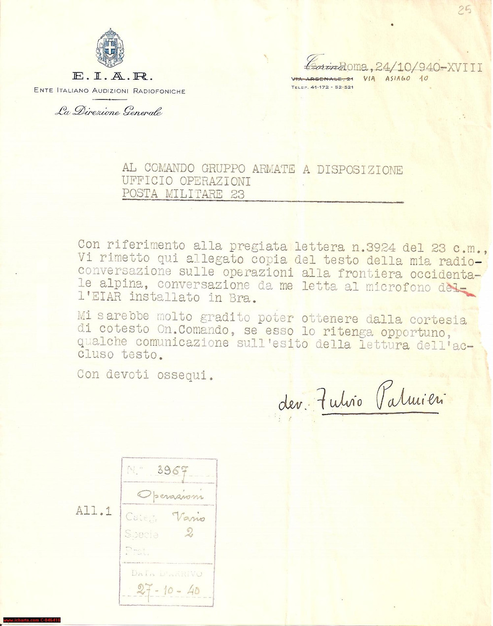 Autografo originale 1940 ROMA Radioconversazione Fulvio PALMIERI autografo 1