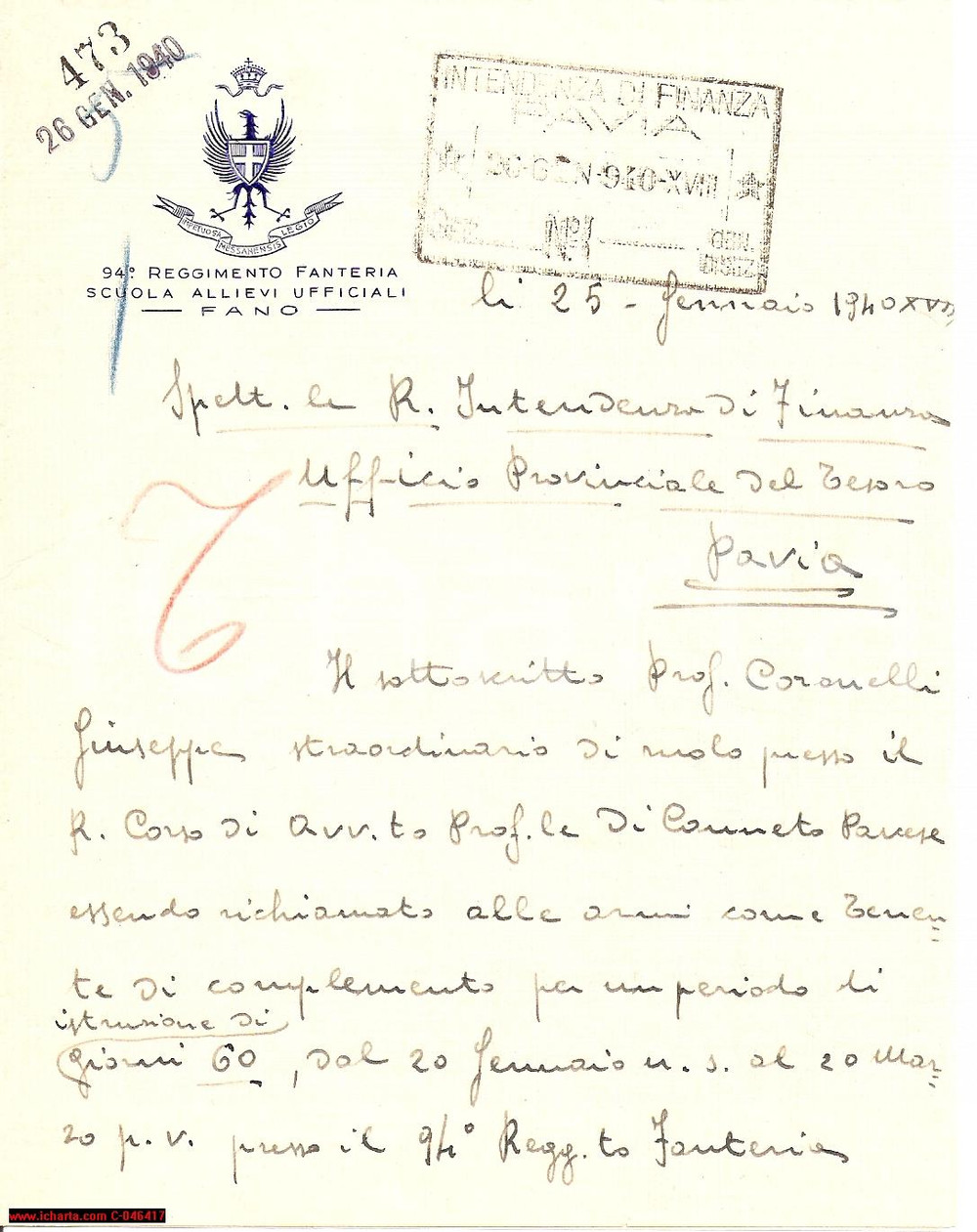 Manoscritto, lettera originale 1940 FANO (PU) Giuseppe CORONELLI richiamato alle armi 1