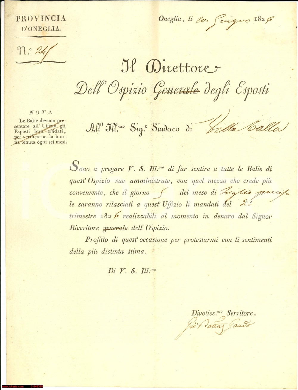Documento originale, autentico 1826 VILLATALLA (IM) Stipendi balie Ospizio trovatelli 1