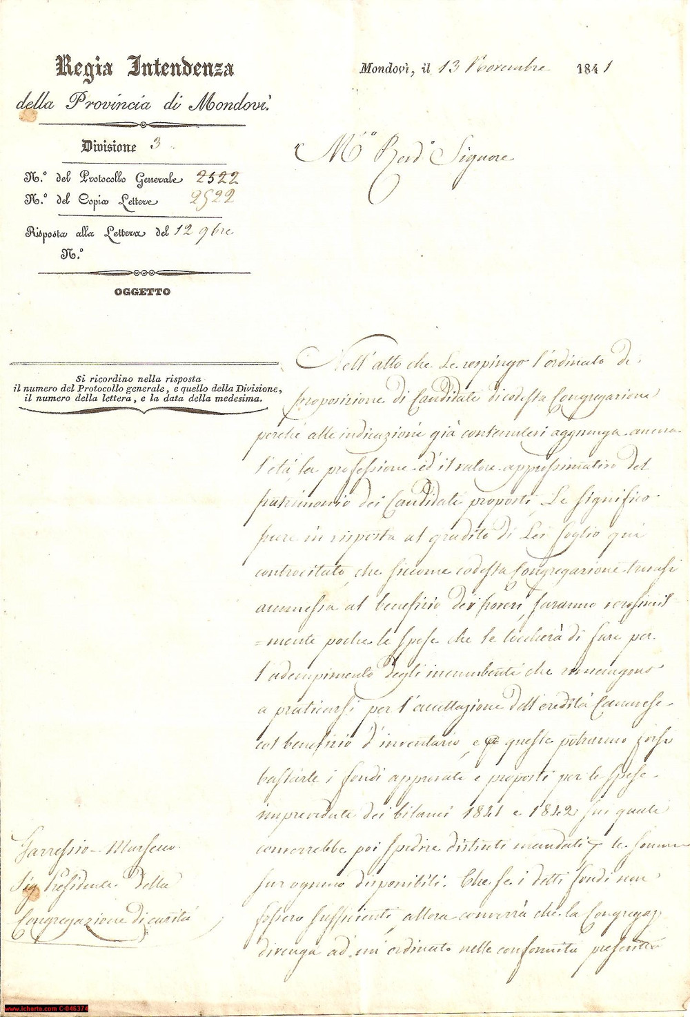 Manoscritto, lettera originale 1841 MONDOVI' CN EreditÃ  CANAVESE Congregazione caritÃ  1