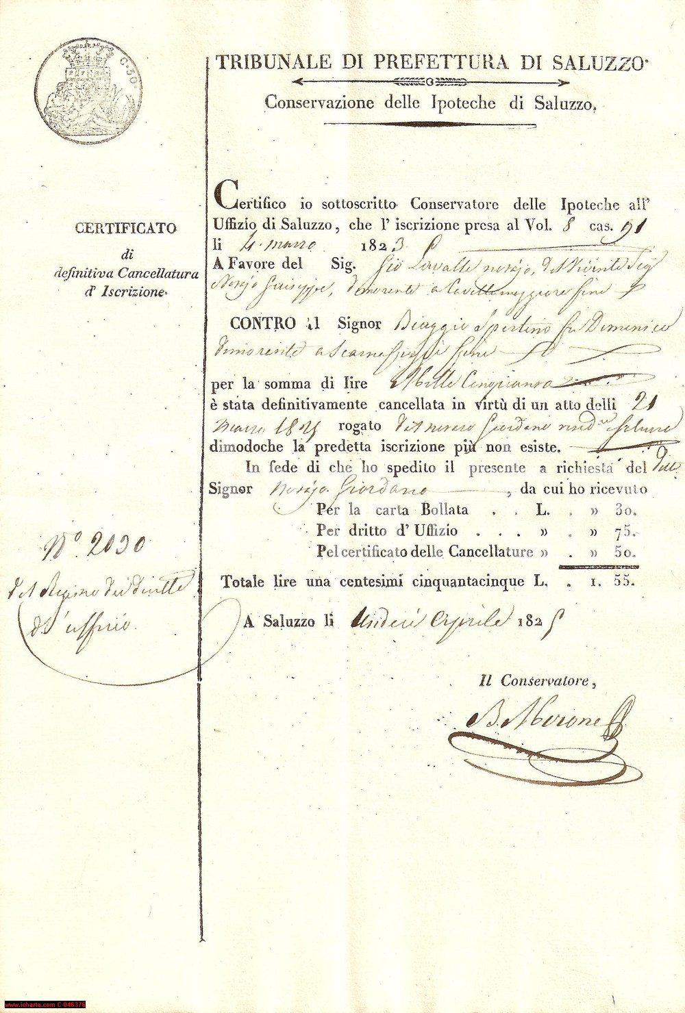 Documento originale, autentico 1825 CAVALLERMAGGIORE CN Cancellazione Biagio SPERTINO 1