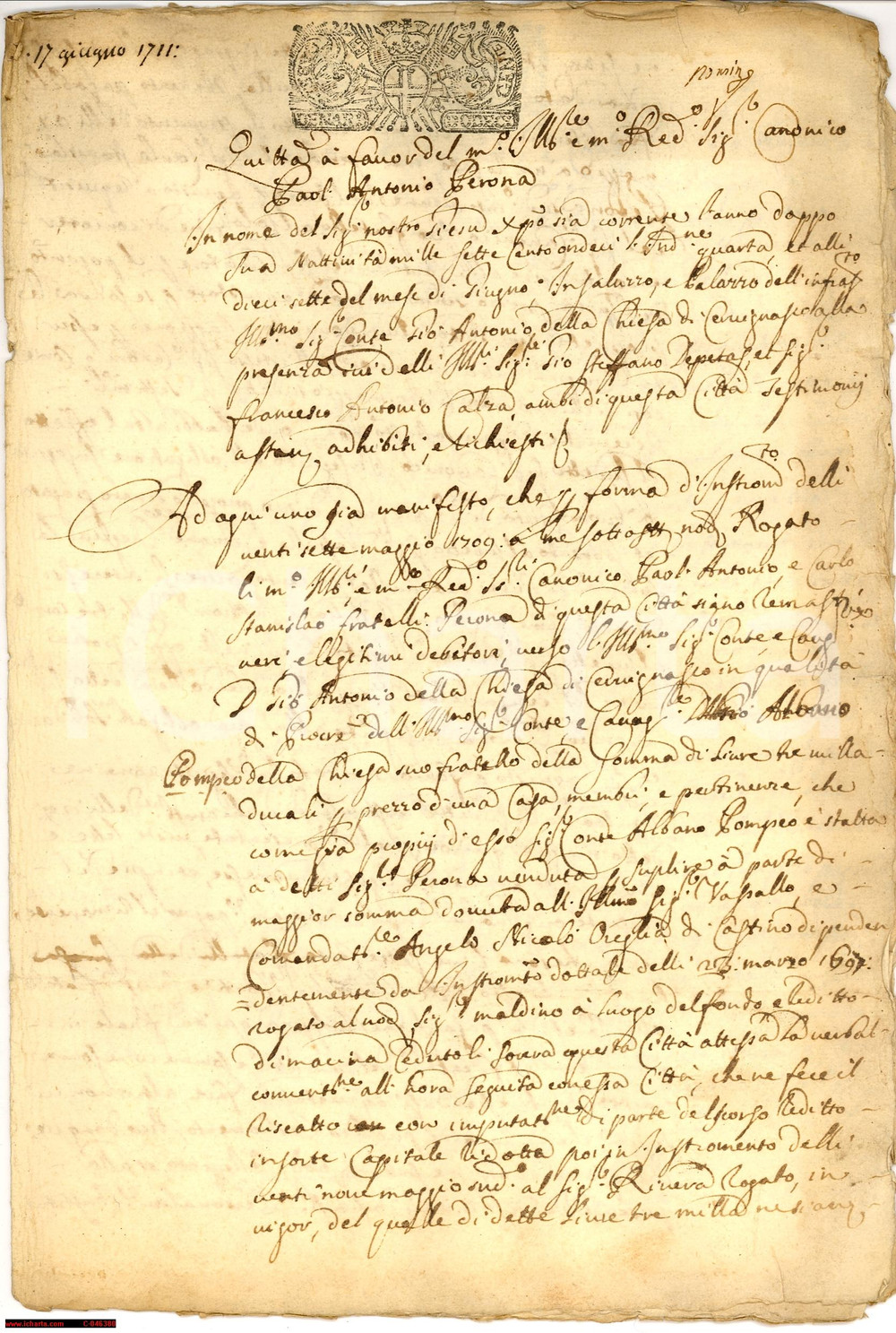 Documento originale, autentico 1711 CERVIGNASCO Crediti Giovanni Antonio DELLA CHIESA 1