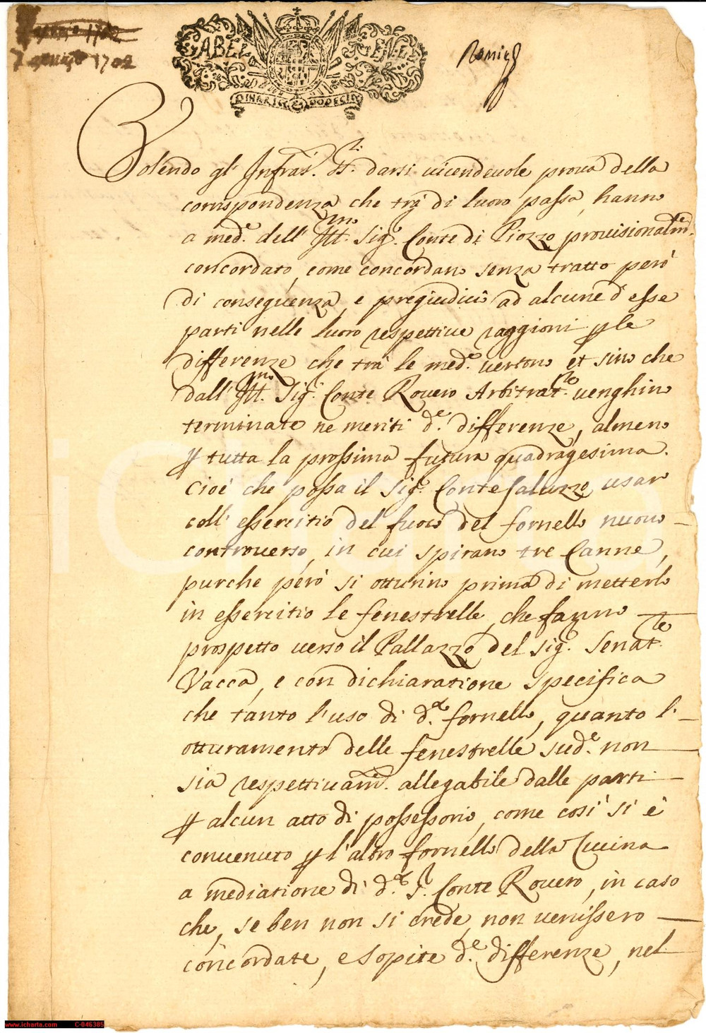 Documento originale, autentico 1702 SALUZZO Fornello molesto Conte Alessandro SALUZZO 1