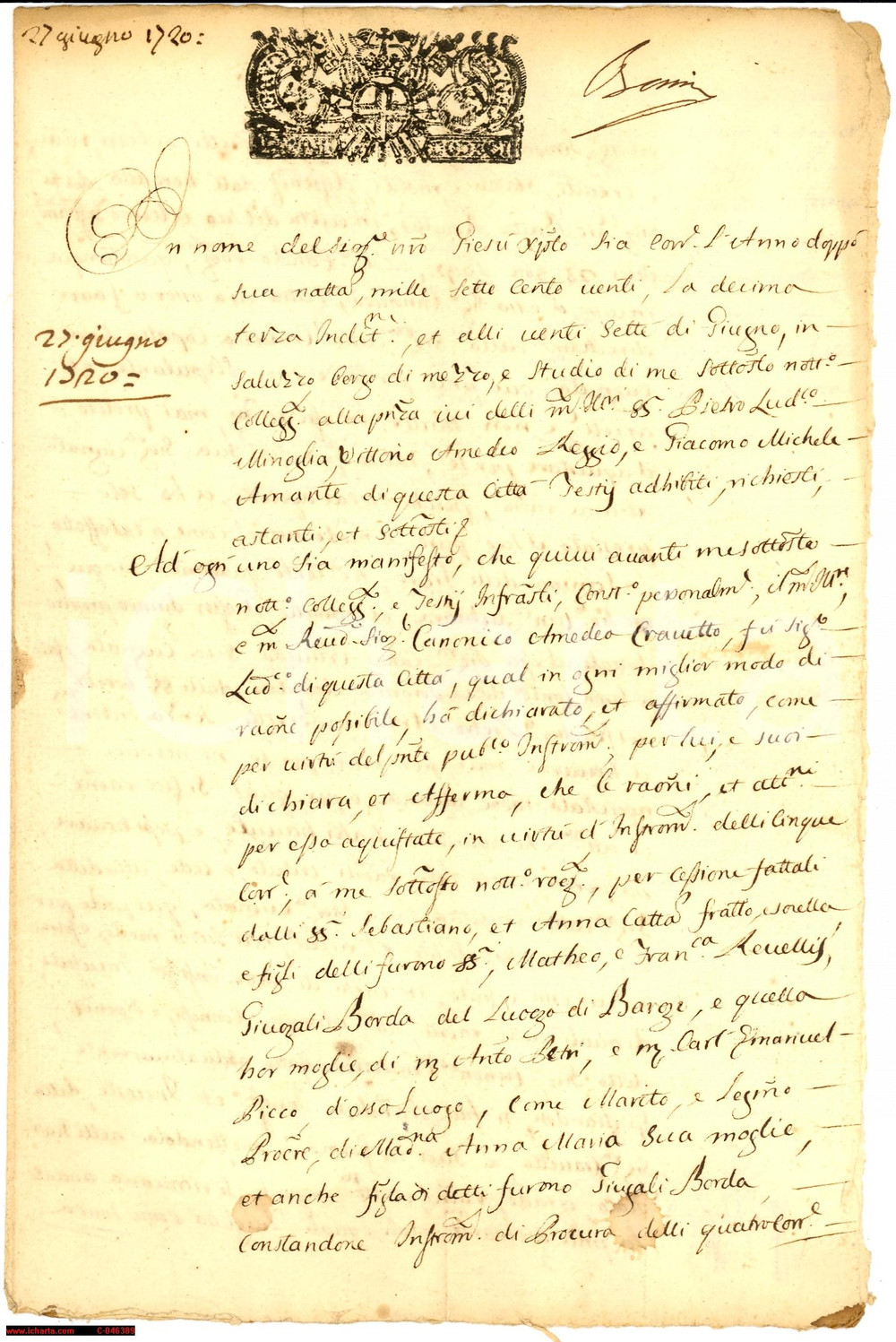 Documento originale, autentico 1720 BARGE (CN) Amedeo CRAVETTO eredita beni REVELLO 1