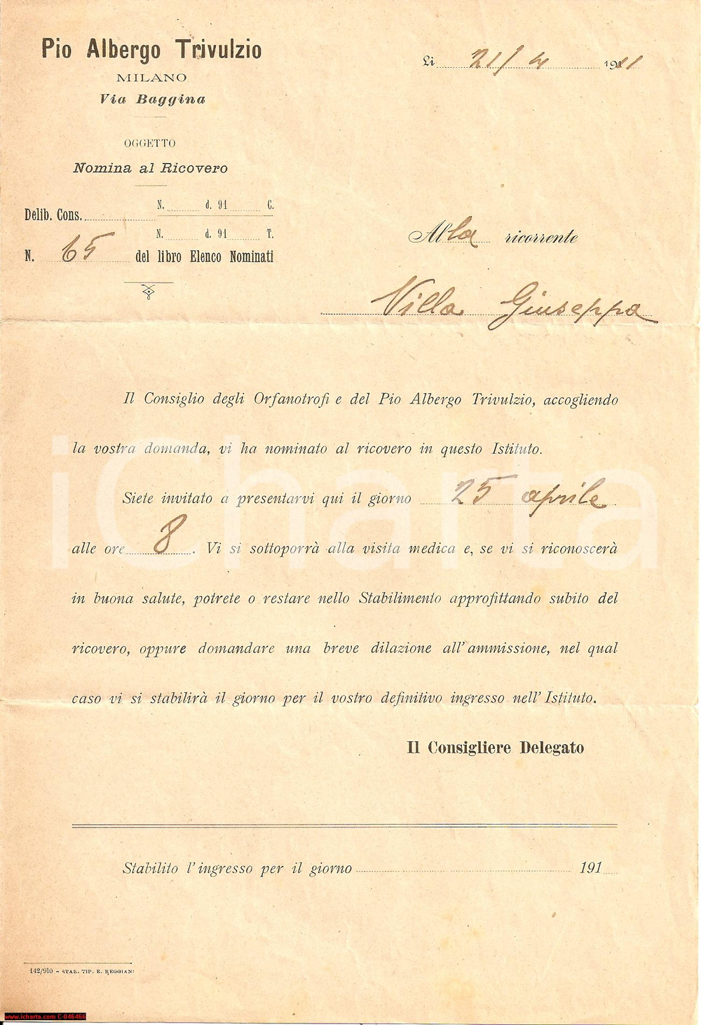 Documento originale, autentico 1911 MILANO Giuseppa VILLA al PIO ALBERGO TRIVULZIO 1