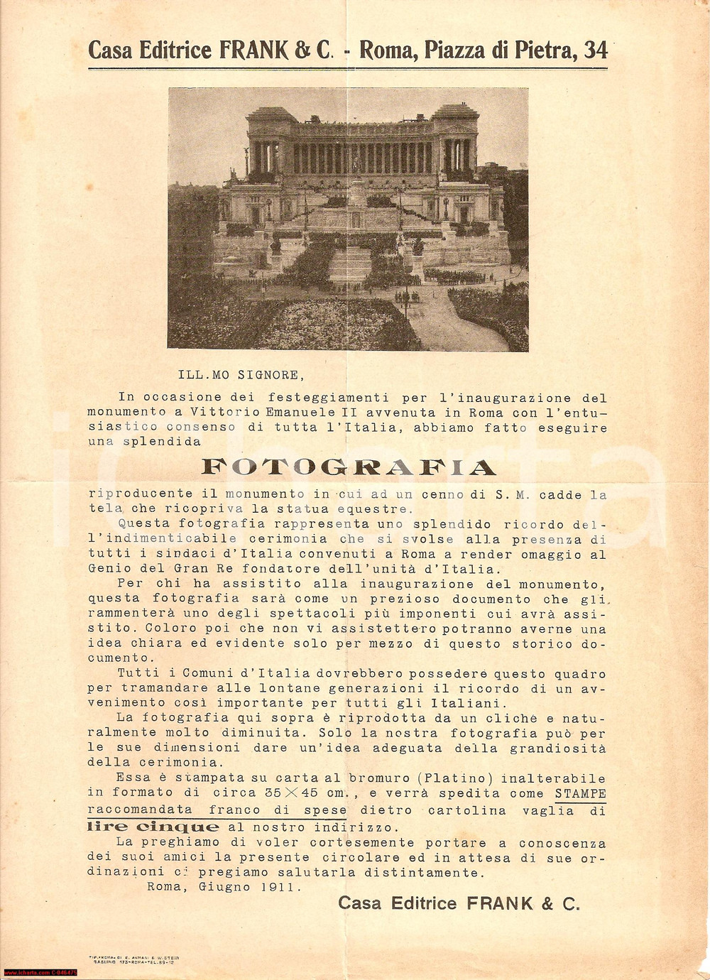 Oggetto da collezione cartaceo 1911 ROMA Editrice FRANK C. Monumento Vittorio Emanuele 1