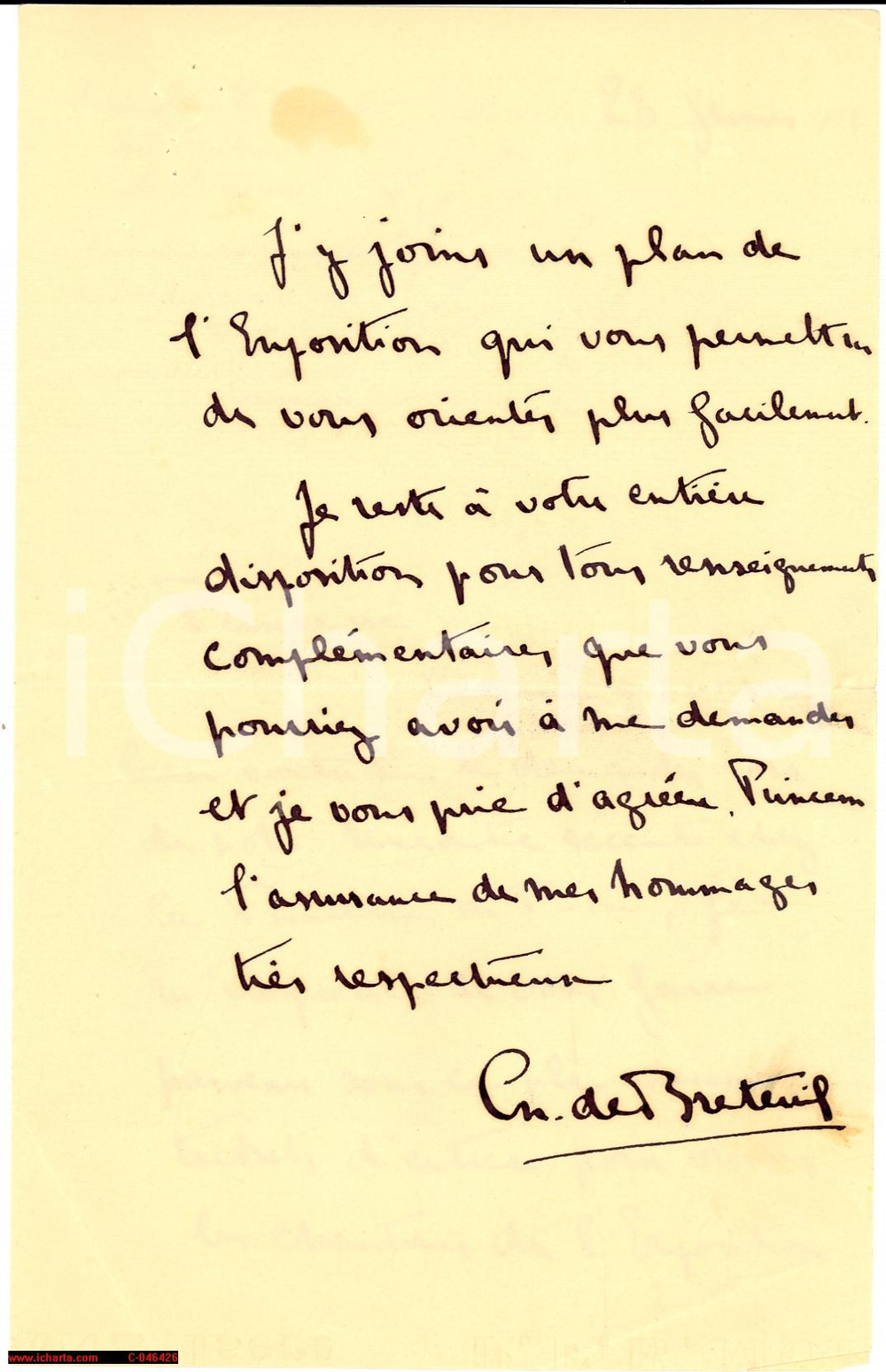Documento originale, autentico 1931 PARIS Charles de BRETEUIL Expo Coloniale Autograph 1