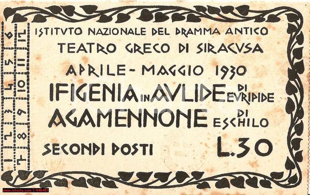 Oggetto da collezione cartaceo 1930 SIRACUSA Biglietto Teatro Greco AGAMENNONE 1